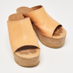 Pre Owned See by Chloe Brown Leather Platform Slide Sandals Size 37