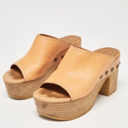 Pre Owned See by Chloe Brown Leather Platform Slide Sandals Size 37