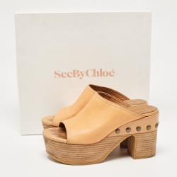 Pre Owned See by Chloe Brown Leather Platform Slide Sandals Size 37