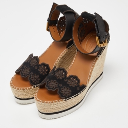 Pre Owned See by Chloe Black Suede Floral Laser-Cut Platform Wedge Espadrille Sandals Size 37