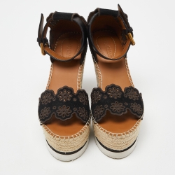 Pre Owned See by Chloe Black Suede Floral Laser-Cut Platform Wedge Espadrille Sandals Size 37