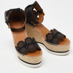 Pre Owned See by Chloe Black Suede Floral Laser-Cut Platform Wedge Espadrille Sandals Size 37