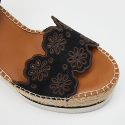 Pre Owned See by Chloe Black Suede Floral Laser-Cut Platform Wedge Espadrille Sandals Size 37