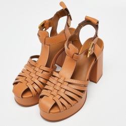 مملوكة مسبقًا See by Chloe Brown Leather Cila Strappy Platform Block Heel Sandals Size 39