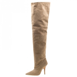Pre Owned Yeezy Season 5 Beige Suede Thigh High Pointed Toe Boots Size 37