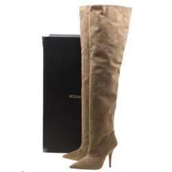Pre Owned Yeezy Season 5 Beige Suede Thigh High Pointed Toe Boots Size 37