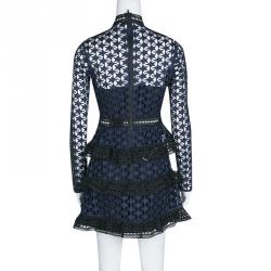 مملوكة مسبقًا فستان سيلف بورتريت بياقة مرتفعة دانتيل نقوش نجمة أسود وأزرق كحلي M