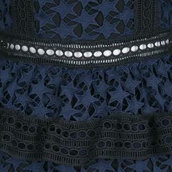 مملوكة مسبقًا فستان سيلف بورتريت بياقة مرتفعة دانتيل نقوش نجمة أسود وأزرق كحلي M