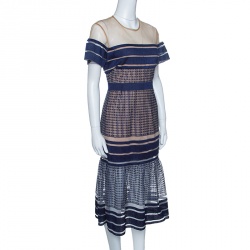 Pre Owned فستان ميدي سيلف بورتريه شبكة أزرق كحلي مخطط مطرز M