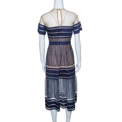 Pre Owned فستان ميدي سيلف بورتريه شبكة أزرق كحلي مخطط مطرز M