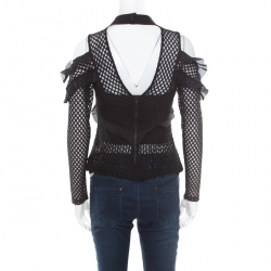 Pre Owned Self Portrait Black Purl Knit Pattern Lace Ruffle Trim Cold Shoulder Top M
