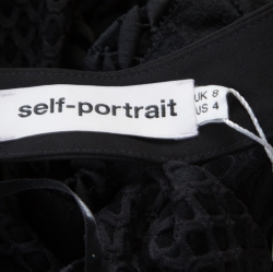 Pre Owned Self Portrait Black Purl Knit Pattern Lace Ruffle Trim Cold Shoulder Top M