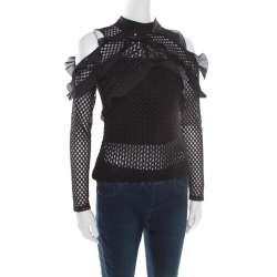 Pre Owned Self Portrait Black Purl Knit Pattern Lace Ruffle Trim Cold Shoulder Top M