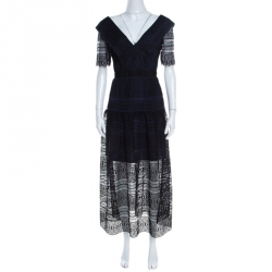 Pre Owned Self Portrait Black Guipure Lace Overlay Midi Dress S