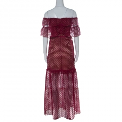 Pre Owned فستان سيلف بورتريت قصة مميزة مكشكش بلا أكتاف دانتيل أحمر S