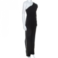 Self-Portrait Black Crepe Crystal Embellished One Shoulder Jumpsuit M