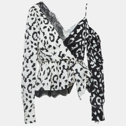 Self-Portrait Black/White Leopard Print Crepe Wrap Top M