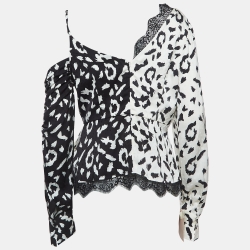 Self-Portrait Black/White Leopard Print Crepe Wrap Top M