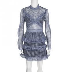 Pre Owned Self Portrait Dove Grey Dotted Mesh Tiered Long Sleeve Dress S
