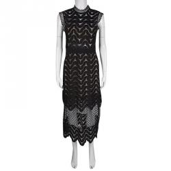 Pre Owned Self Portrait Black Wave Pattern Lace Open Back Detail Midi Dress M