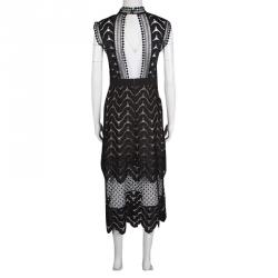 Pre Owned Self Portrait Black Wave Pattern Lace Open Back Detail Midi Dress M