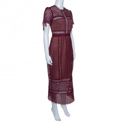 Pre Owned Self Portrait Burgundy Embroidered Lace Column Midi Dress M