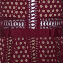 Pre Owned Self Portrait Burgundy Embroidered Lace Column Midi Dress M