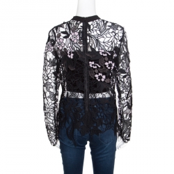 مملوكة مسبقًا Self Portrait Black Vine Guipure Sheer Lace Blouse M