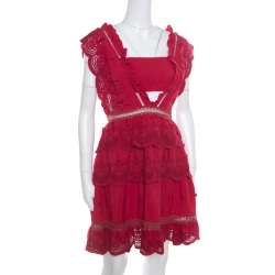 Pre Owned Self Portrait Raspberry Red Eyelet Embroidered Tiered Sleeveless Peplum Dress M