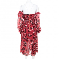 Pre Owned فستان سيلف بورتريه دانتيل مورد أزرق وأحمر أوف شولدر S