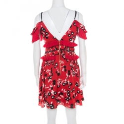 Pre Owned فستان سيلف بورتريت بكتف واحد تطريز دانتيل بنقوش موردة أسود وأحمر M