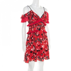 Pre Owned فستان سيلف بورتريت بكتف واحد تطريز دانتيل بنقوش موردة أسود وأحمر M