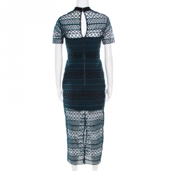 Pre Owned Self Portrait Teal Green Embroidered Lace Column Midi Dress M