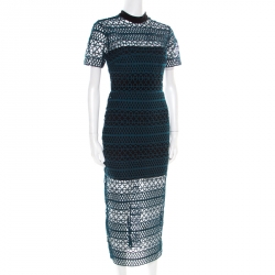 Pre Owned Self Portrait Teal Green Embroidered Lace Column Midi Dress M