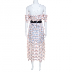 Pre Owned Self Portrait Peach Floral Lace Applique Off Shoulder Midi Dress S