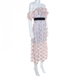 Pre Owned Self Portrait Peach Floral Lace Applique Off Shoulder Midi Dress S