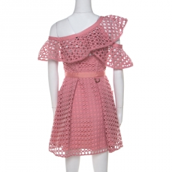 Self-Portrait Pink Guipure Lace Asymmetric Cold Shoulder Fit and Flare Mini Dress S