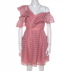 Self-Portrait Pink Guipure Lace Asymmetric Cold Shoulder Fit and Flare Mini Dress S