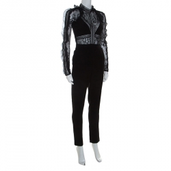 Pre Owned Self Portrait Black Stretch Knit and Lace Bodice Fitted Jumpsuit S