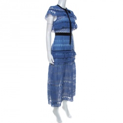 Pre Owned Self-Portrait Blue Teardrop Guipure Lace Ruffled Daphne Midi Dress M