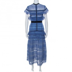 Pre Owned Self-Portrait Blue Teardrop Guipure Lace Ruffled Daphne Midi Dress M