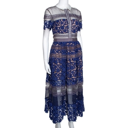 Self Portrait Blue Guipure Lace & Mesh Paneled Liliana Midi Dress S