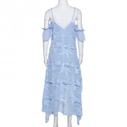 Pre Owned Self Portrait Lilac Blue Guipure Lace Cold Shoulder Midi Dress L