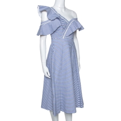 Pre Owned فستان سيلف بورتريت فضفاض غير متماثل قطن مخطط أزرق S