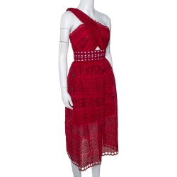 مملوكة مسبقًا Self-Portrait Maroon Embroidered Lace One Shoulder Dress S