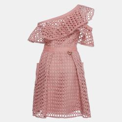 Pre Owned Self-Portrait Pink Guipure Ruffle One Shoulder Mini Dress S