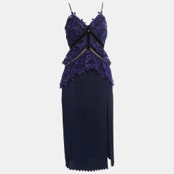 Self-Portrait Blue Guipure Lace Pleated Midi dress S