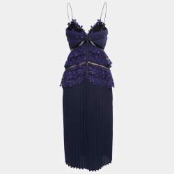 Self-Portrait Blue Guipure Lace Pleated Midi dress S