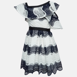 Pre Owned Self-Portrait White/Blue Lace Mini Dress S