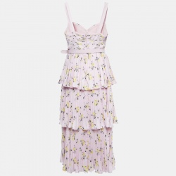 Pre Owned Self-Portrait Pink Floral Print Satin Tiered Plisse Midi Dress M